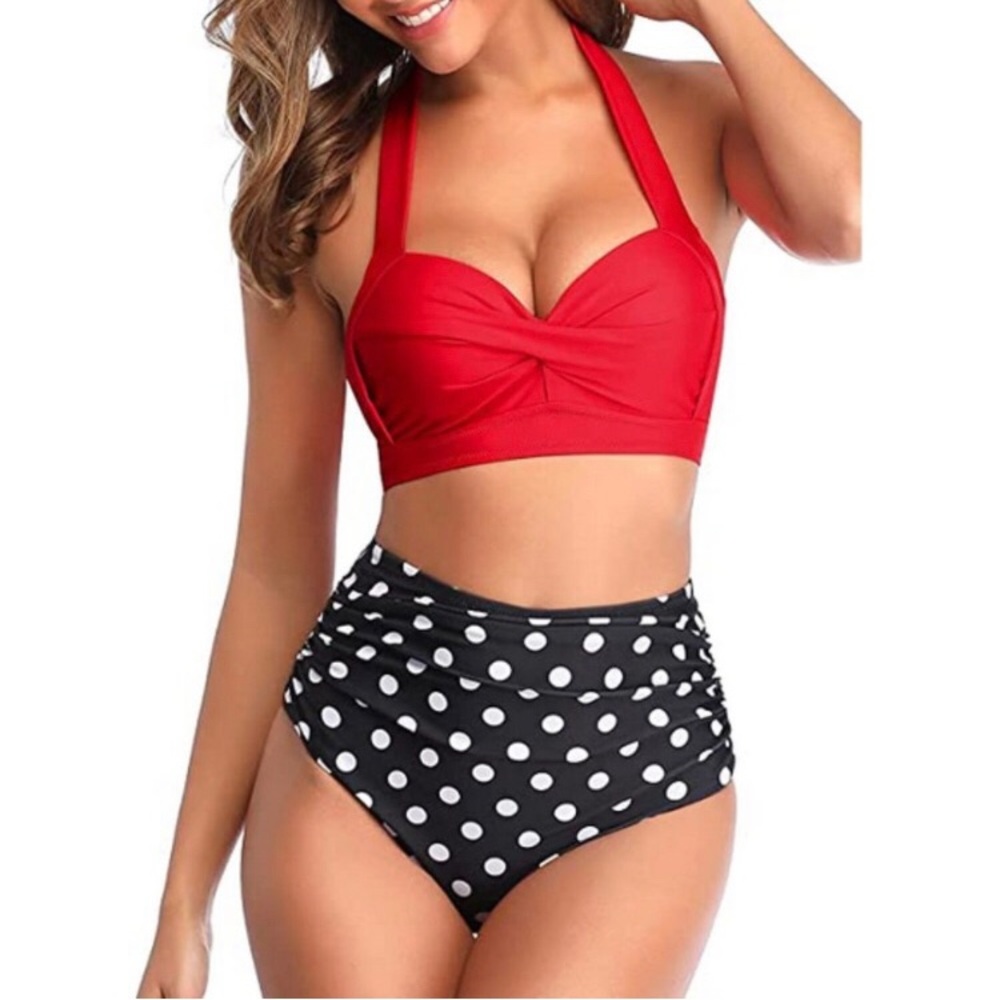 WOMEN Two Piece Swimsuit High Waist Bikini, Red/Black Dot XXL 18 NWT